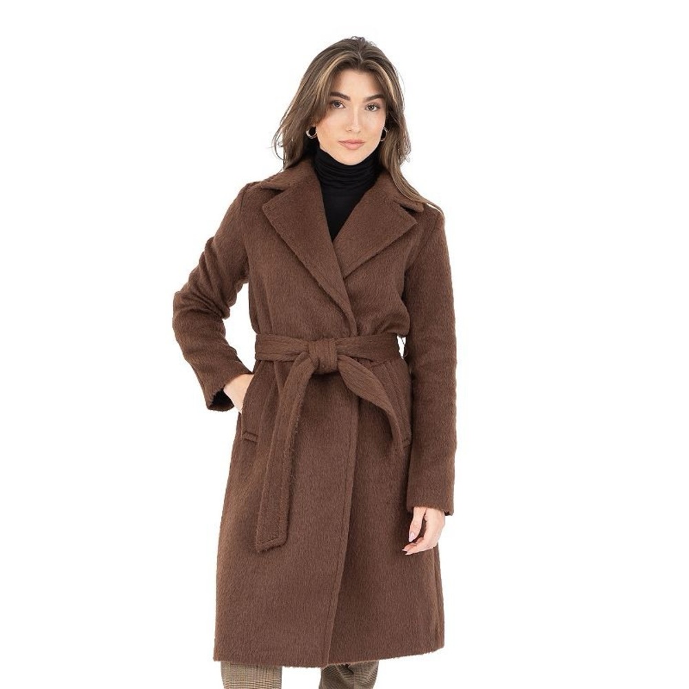 Nine West Brown Wrap Belted Long Coat